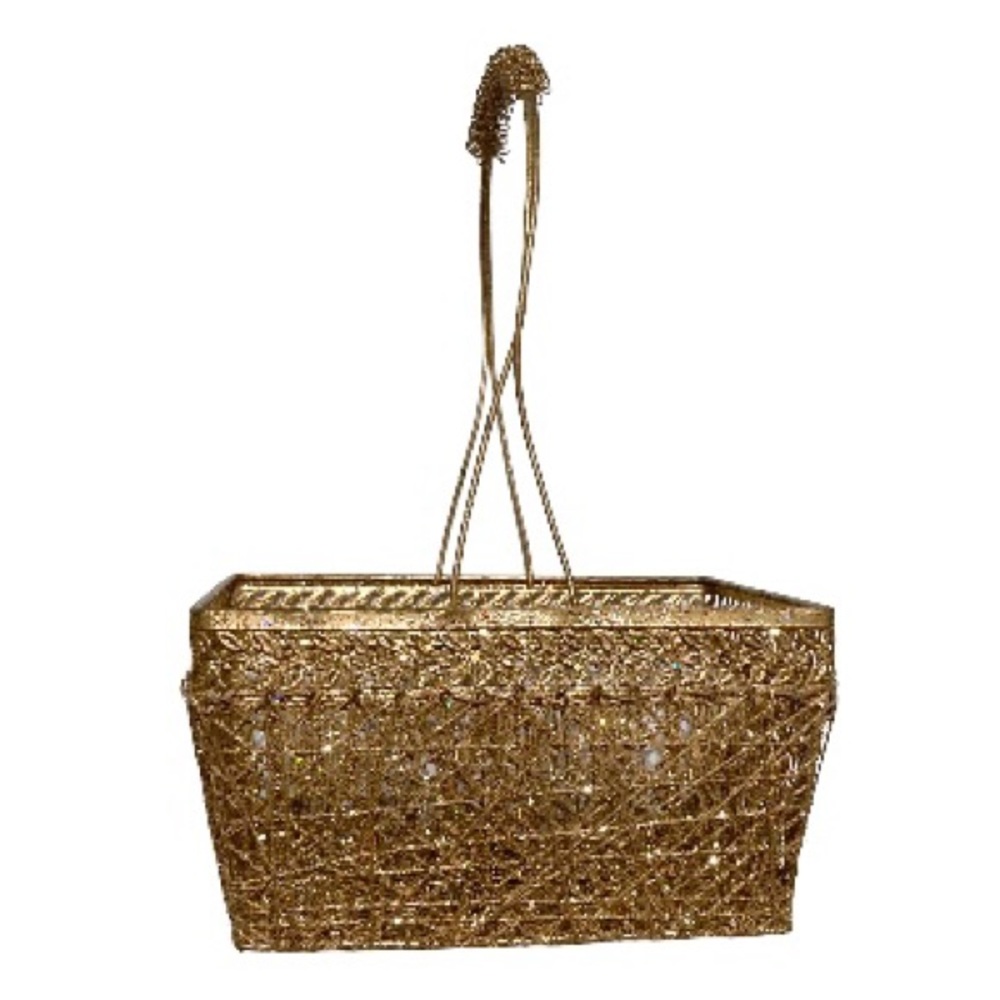 GOLD TONE Sparkly Glitter Wire Rectangle Basket with Handle 12 x 7.5 x6.5 inches
